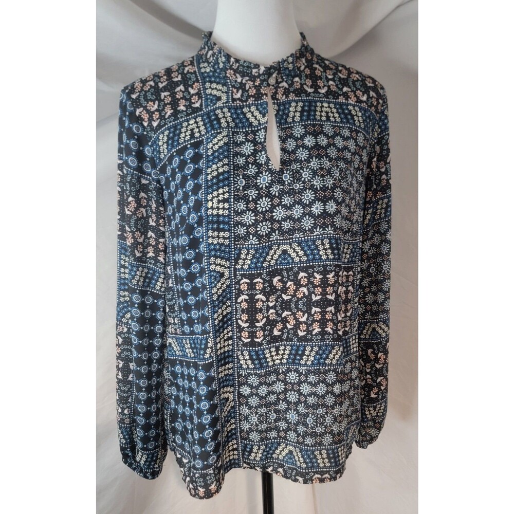 LOFT Womens XS Patchwork Top Blue Black Keyhole Neck Long Sleeve Ruffle Neck